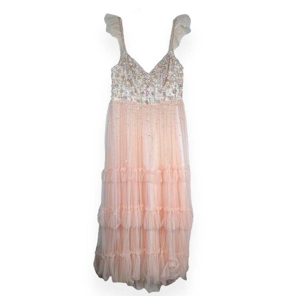 Mac Duggal 50648 Pink Apricot Embellished Tulle Prom Gown Size 16 - Picture 5 of 11